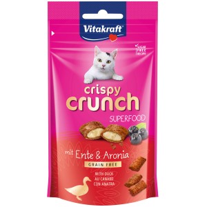Vitakraft Crispy Crunch anatra e aronia snack per gatti in sacchetto rosa.