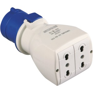 Adattatore CEE, blu/bianco, con due prese. Ideale per campeggio e caravan.