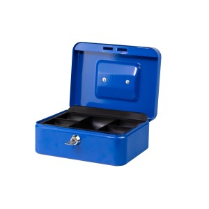 Cassetta portavalori blu aperta Burg Wächter Money 5020 con portamonete e chiave.