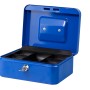 Cassetta portavalori blu aperta Burg Wächter Money 5020 con portamonete e chiave.