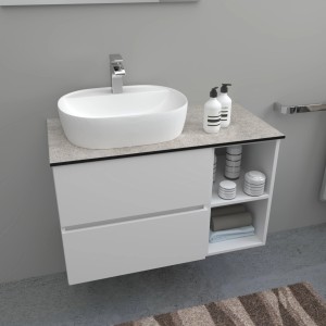 Mobile lavabo con lavabo da appoggio e ripiani. Arredo bagno moderno.