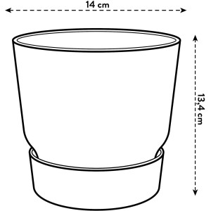Vaso per piante rotondo Elho Greenville, 14 cm, verde foglia, con sottovaso integrato e dimensioni.