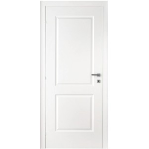 Porta interna bianca con due pannelli e maniglia argentata.