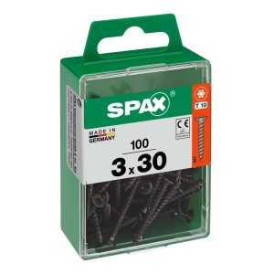 Viti SPAX 3x30 mm, 100 pezzi in contenitore di plastica verde. Fissaggio universale per il fai da te.