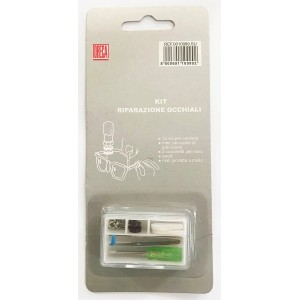 Kit riparazione occhiali con cacciavite, viti, naselli e pinzette.