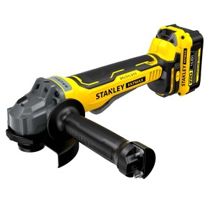Smerigliatrice angolare a batteria Stanley Fatmax, giallo/nero, con impugnatura ausiliaria.