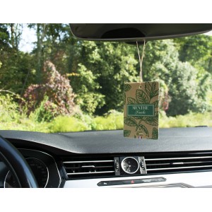 t.b.t. Profumatore per auto con fragranza di menta appeso allo specchietto retrovisore.