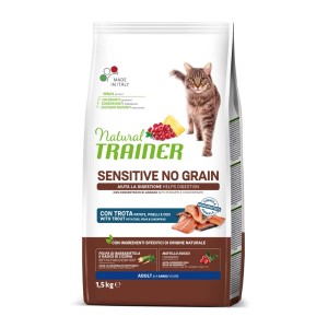 Confezione di cibo umido per gatti Natural Trainer Sensitive No Grain con trota, patate, piselli e ceci.