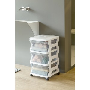 Cassettiera t.b.t. bianca con tre cassetti trasparenti e ruote.
