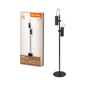 Lampada da terra di design t.b.t. nera con due luci cilindriche.