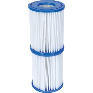 Cartuccia filtro t.b.t. per piscine, lamelle filtranti bianche con terminali blu.