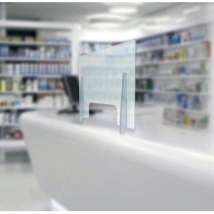 Barriera t.b.t. trasparente come protezione starnuti su un bancone.