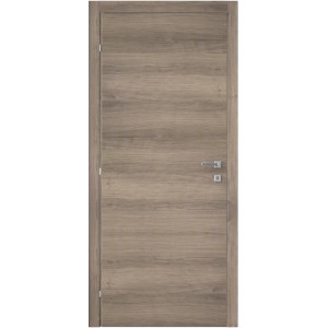 Porta interna moderna con effetto legno e maniglia argentata.