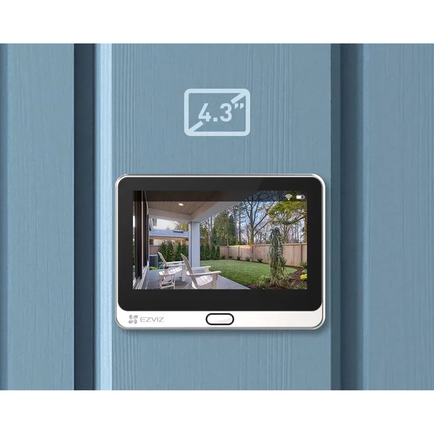 Videocitofono wireless Ezviz DP2C con monitor a colori da 4,3 pollici su porta d'ingresso blu.