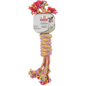 Colorato t.b.t. giocattolo per cani in corda con nodi e frange.