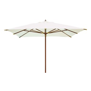 Ombrellone t.b.t. con telo bianco e struttura in legno.