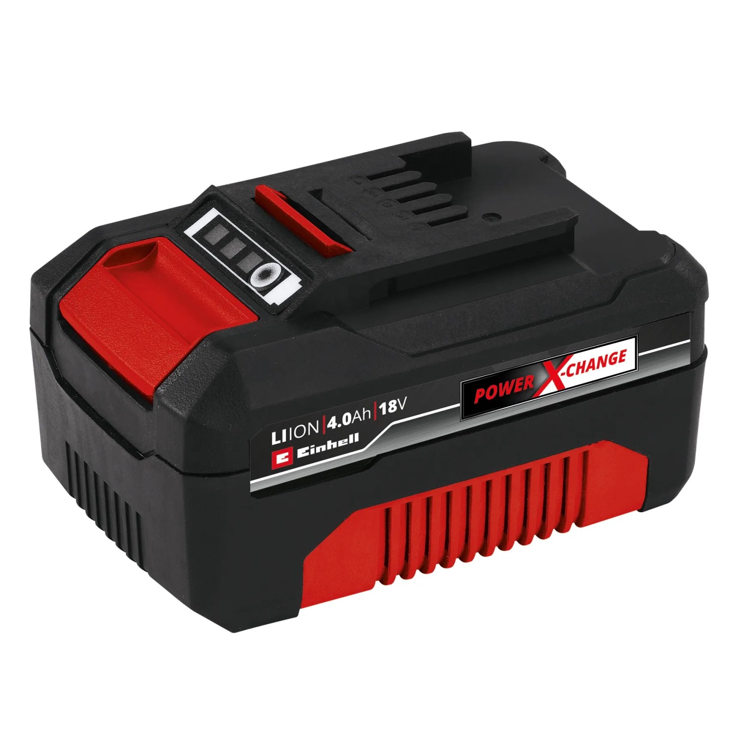 Batteria Einhell Power X-Change 18V 4Ah, rosso-nera, per utensili e attrezzature da giardino.