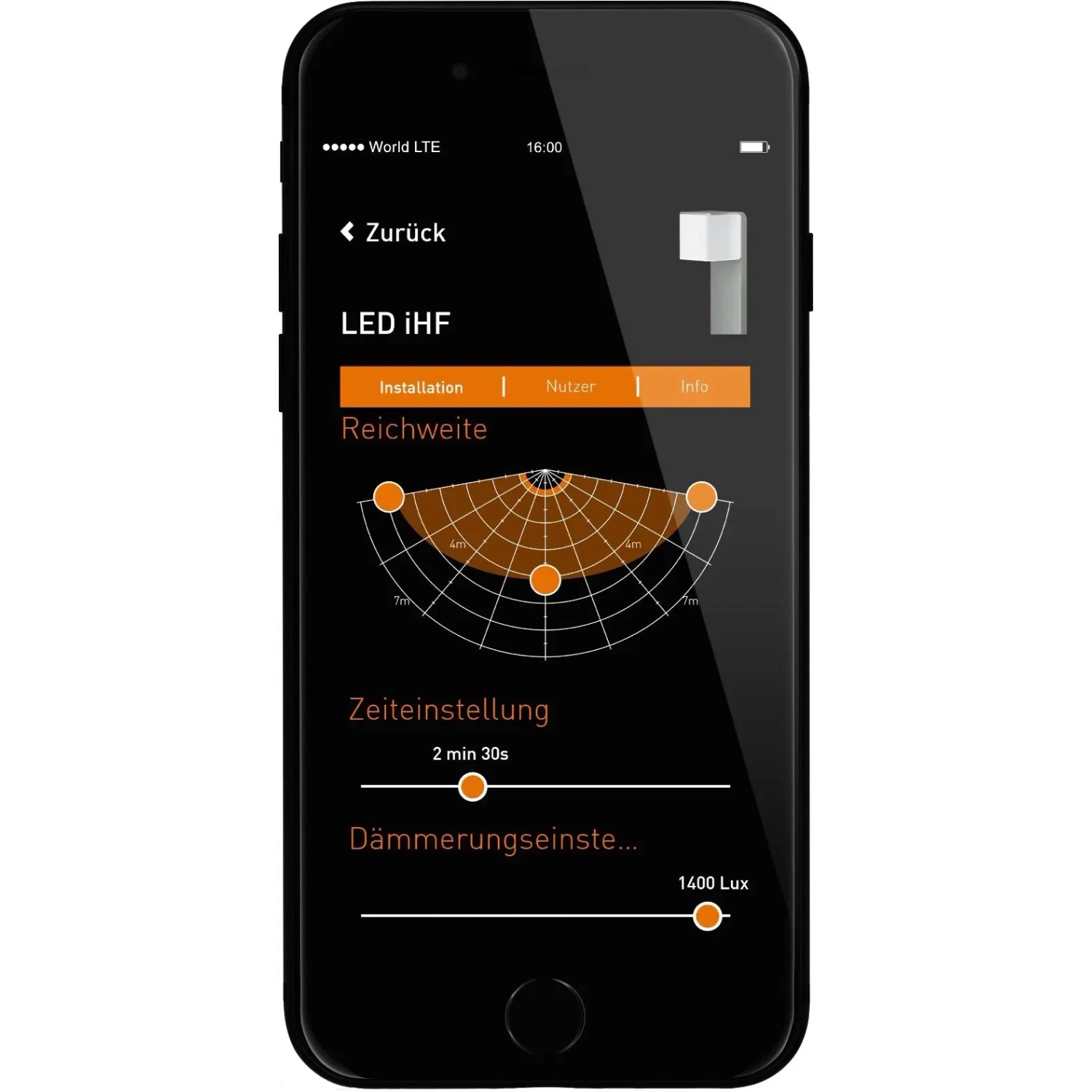 Vista app per controllare la lampada da giardino a LED Steinel GL 80, impostazione di portata e crepuscolo.