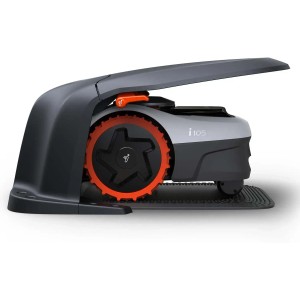 t.b.t. robot tagliaerba, vista laterale. Dettagli: corpo grigio, ruote arancioni.