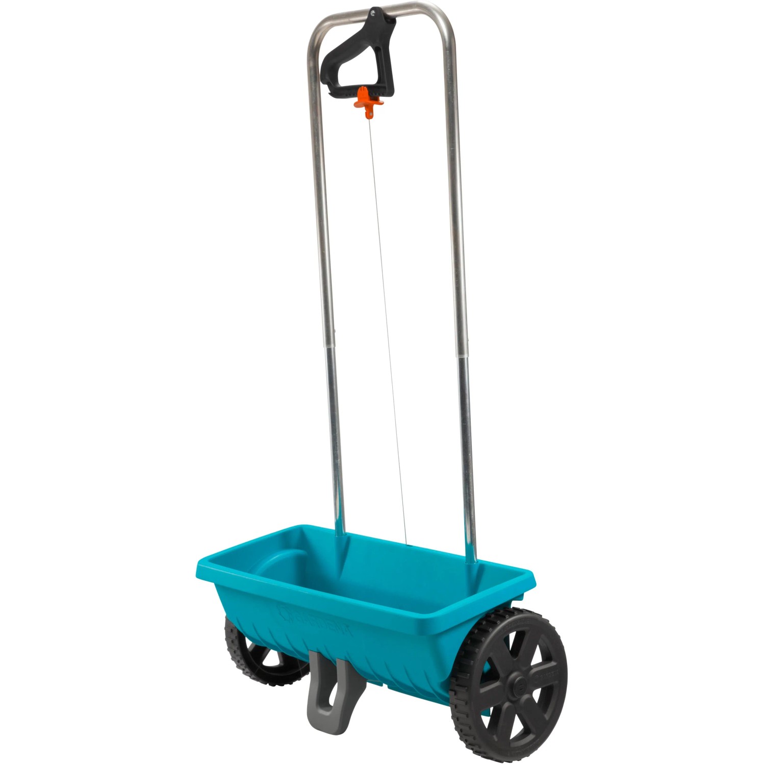 Spargitore Gardena L, blu, con ruote e manico regolabile per fertilizzante e sale.