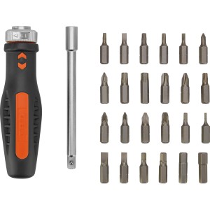Cacciavite OBI Bit, set da 26 pezzi con inserti, prolunga e manico arancio-nero.