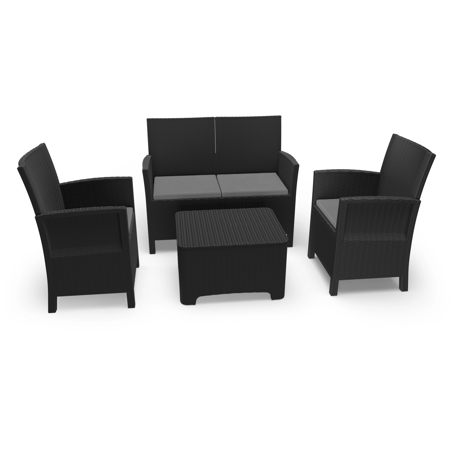 Set di mobili da giardino nero con divano, due poltrone e tavolo.