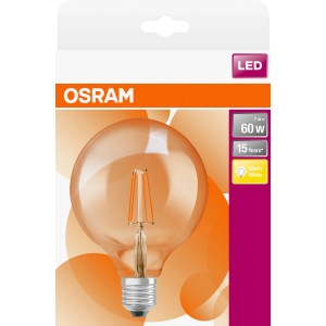 Lampadina LED Osram E27 a globo, 6,5W, luce calda, sulla confezione.