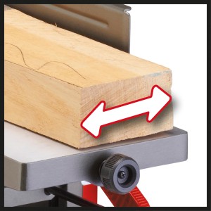 Piallatrice Einhell TC-SP 204/2 rossa con pezzo di legno e indicatore di direzione.