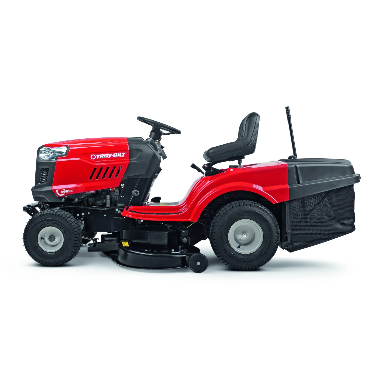 Trattorino tagliaerba rosso Troy-Bilt Horse 105T-R con scarico posteriore e cesto di raccolta.