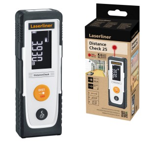 Telemetro laser Laserliner 25 con display e confezione. Strumento di misura preciso per lunghezze, aree e volumi.