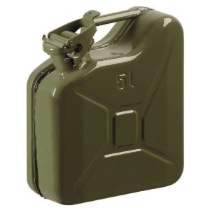 Tanica di carburante in metallo verde oliva da 5 litri per emergenze e assistenza stradale.