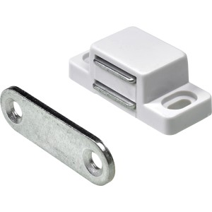 Chiusura magnetica bianca con contropiastra per ante di mobili.