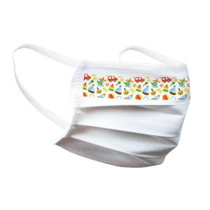 Mascherina in tessuto bianca con motivi di giocattoli colorati, categoria: Maschere di protezione.