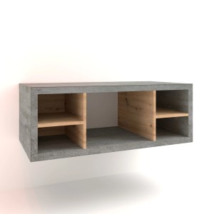 Mobile bagno sospeso grigio con scomparti in legno.