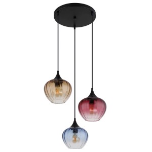 Lampada a sospensione a tre luci con paralumi in vetro colorato.