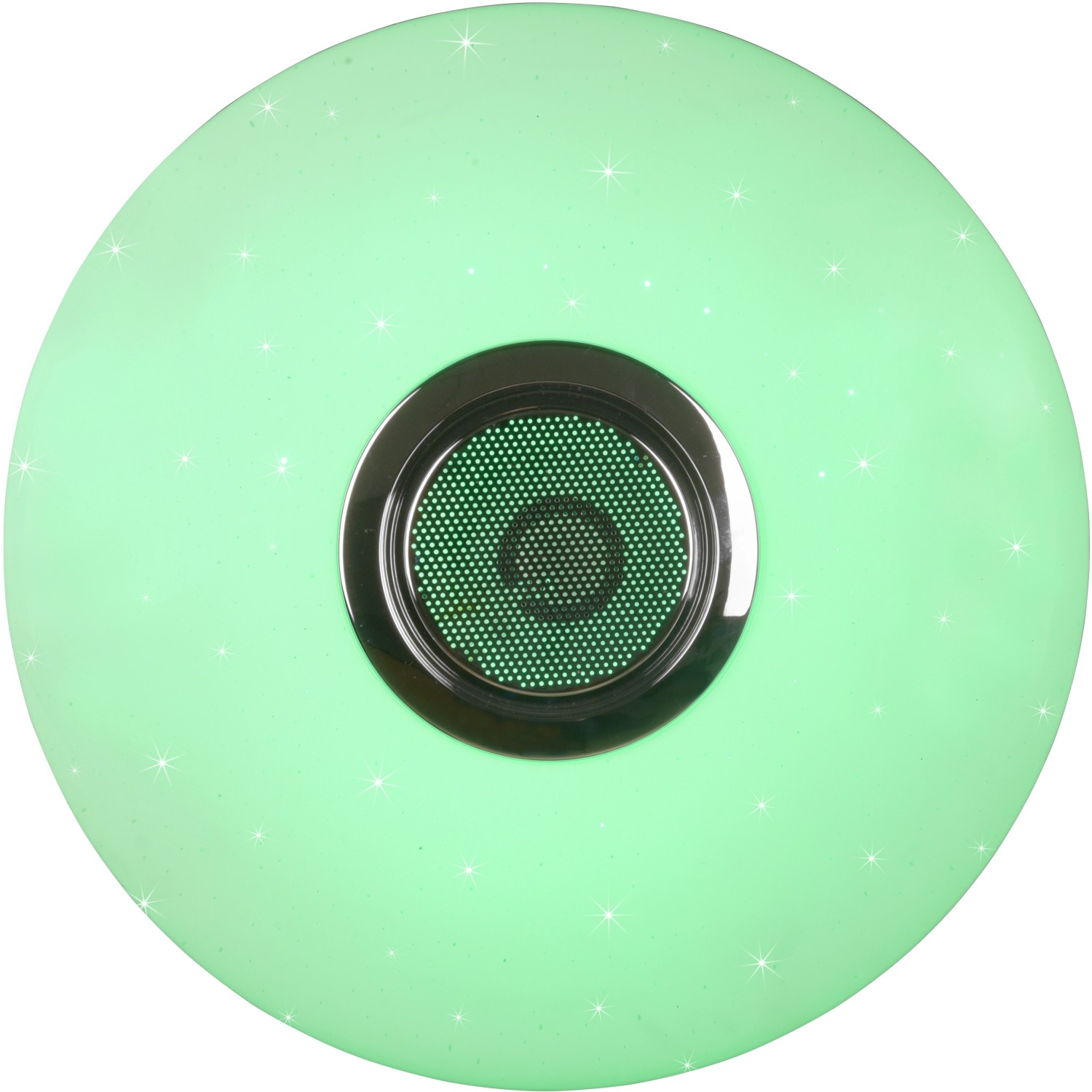 Plafoniera LED bianca Musica con altoparlante ed effetto arcobaleno. Forma rotonda con motivo a stelle.