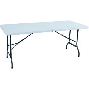 Tavolo pieghevole bianco t.b.t. con struttura in metallo nero per birreria o feste.