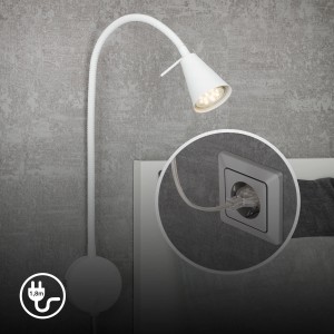 Lampada da comodino a LED Briloner Tusa bianca con braccio flessibile orientabile, luce bianca calda.