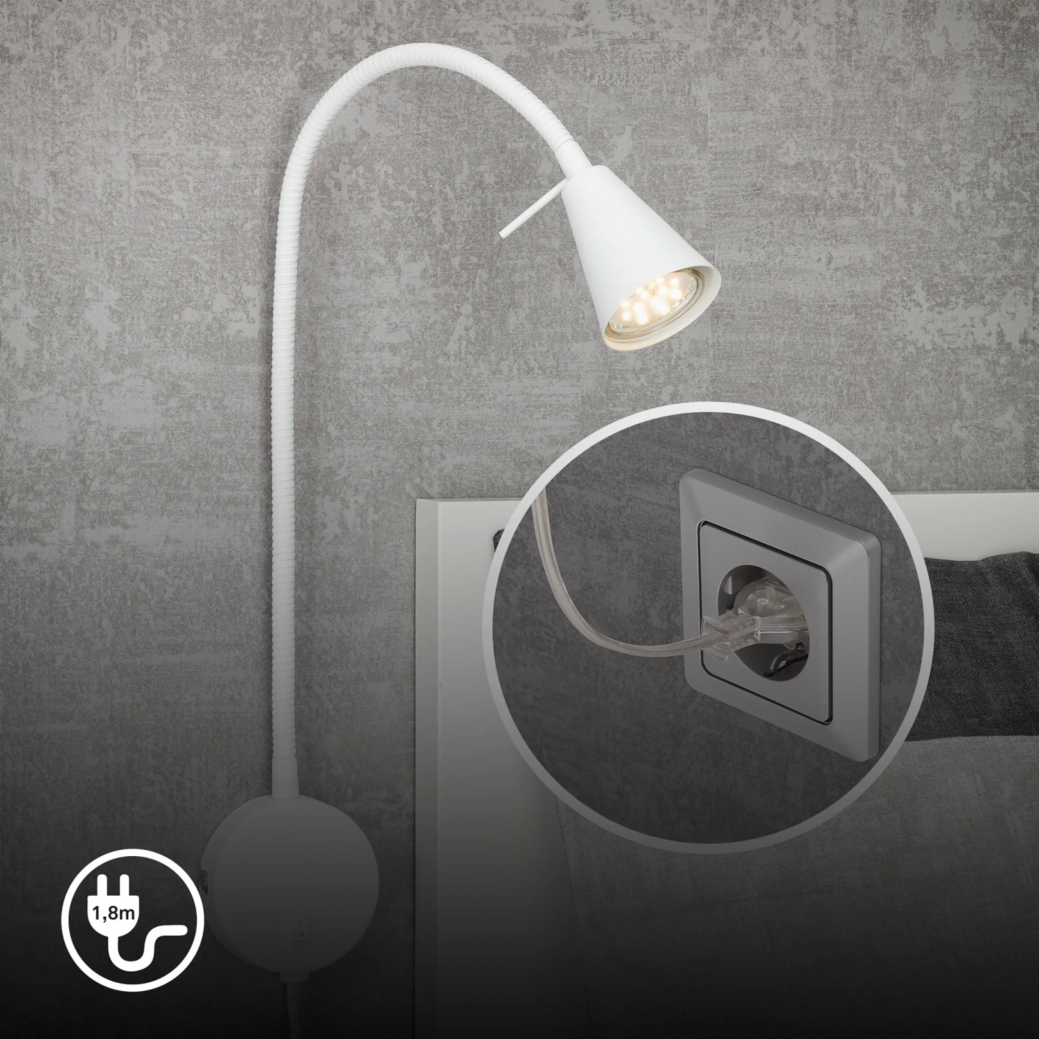 Lampada da comodino a LED Briloner Tusa bianca con braccio flessibile orientabile, luce bianca calda.