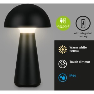 Lampada da tavolo a batteria Brilo Fungo nera, a forma di fungo, con dimmer touch e luce bianca calda.