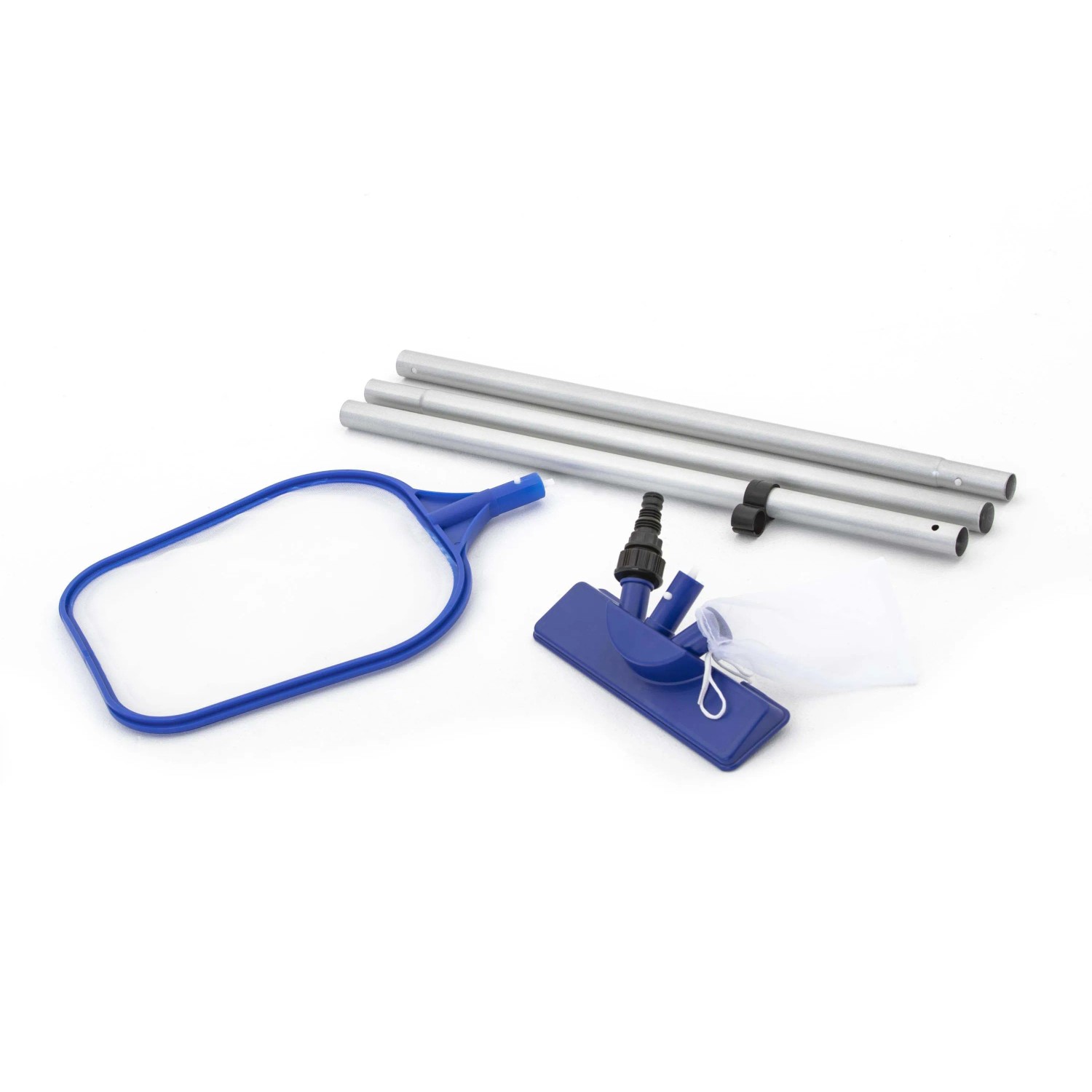 Set pulizia piscina con retino, spazzola e asta telescopica per acqua pulita.