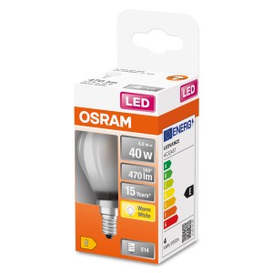 Lampadina LED E14 Osram, 4W, bianco caldo nella confezione. Lampada LED a risparmio energetico.