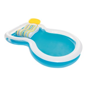 Piscina gonfiabile per bambini con poggiatesta, blu e bianca. Ideale per divertirsi in giardino.