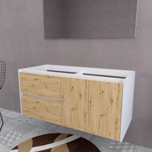 t.b.t. Mobile bagno sospeso con frontale in legno e fianchi bianchi.