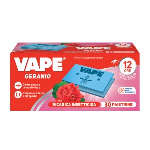 Vape Geranio Antizanzare: Ricarica con 30 piastrine antizanzare.
