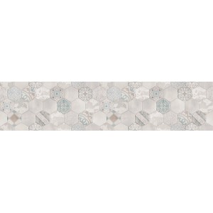 Paraschizzi: Piastrelle esagonali nei toni del beige e del blu con vari motivi.