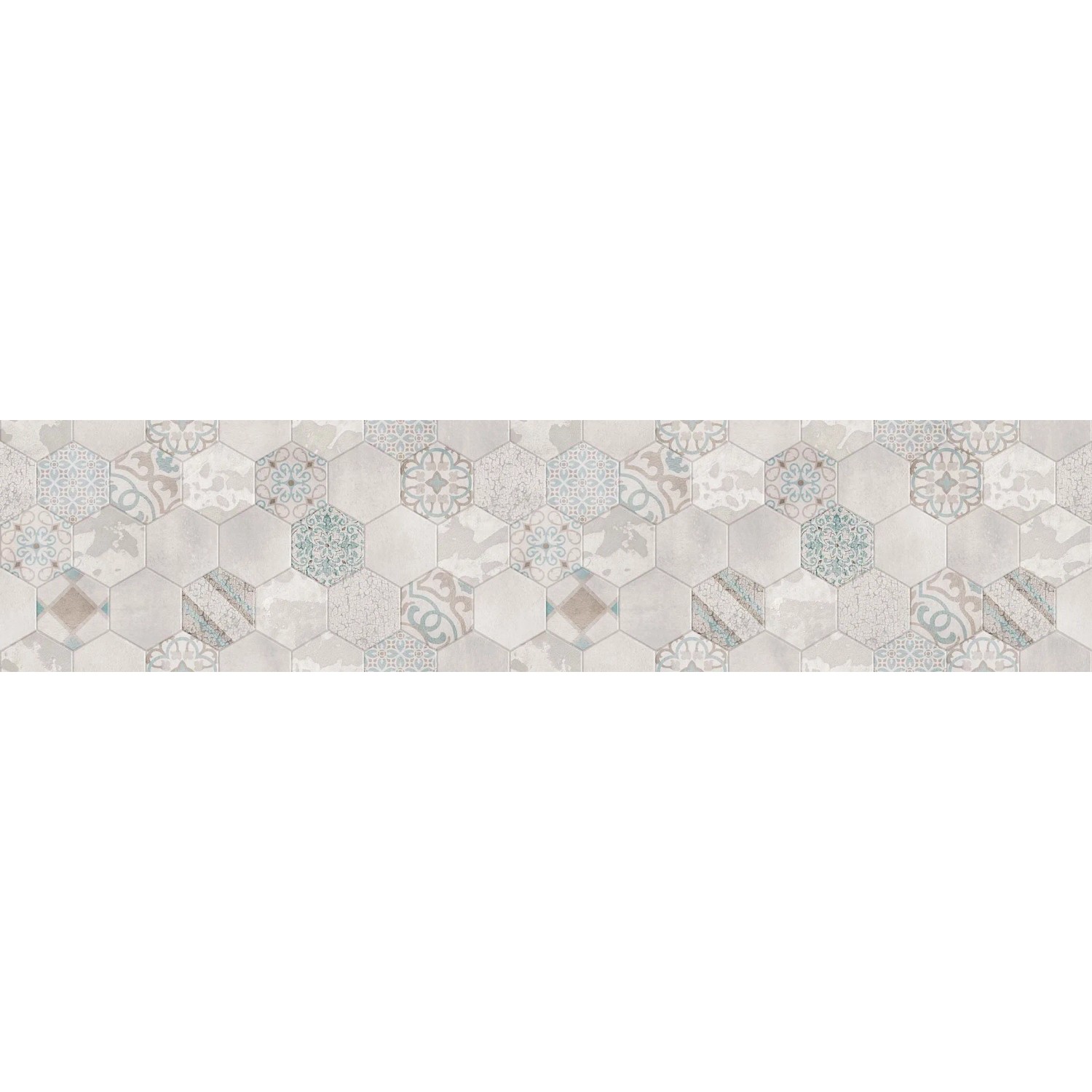 Paraschizzi: Piastrelle esagonali nei toni del beige e del blu con vari motivi.