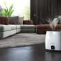 Umidificatore bianco in un soggiorno. Promuove un clima interno confortevole.