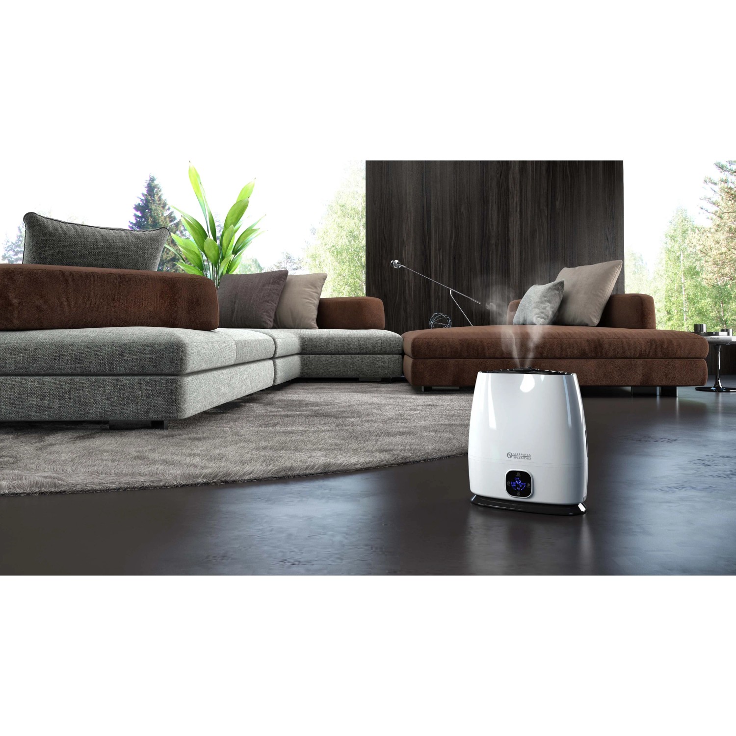 Umidificatore bianco in un soggiorno. Promuove un clima interno confortevole.
