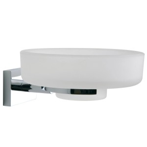 Dispenser sapone t.b.t. in cromo e vetro satinato per montaggio a parete.